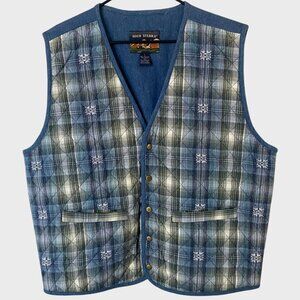 Vintage High Sierra Quilted Denim Vest Men's Large Plaid Sleeveless Button-Up